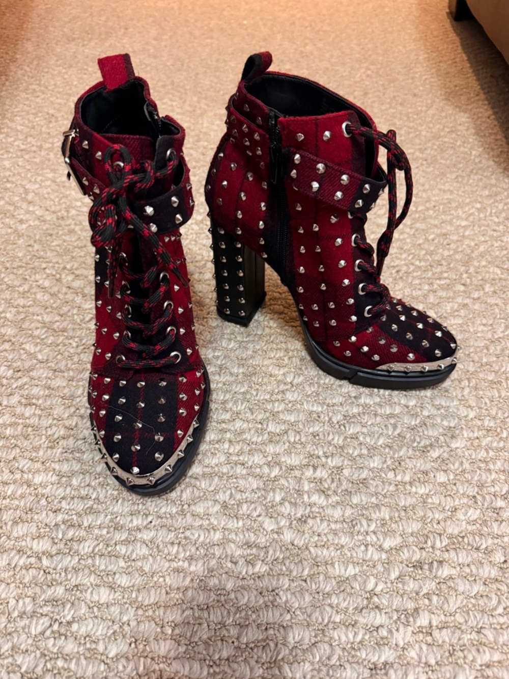 Gianni Bini Burgundy and Black Studded Lace-Up Ankle Boots